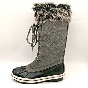 Trary Womens Mid-Calf Winter Boots‎ Gray Quilted Lace Up Side Zip Faur Fur 7